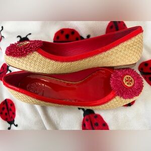 Tory Burch Reva Ballet Flats in Beige Red Patent Fuchsia Red Straw
